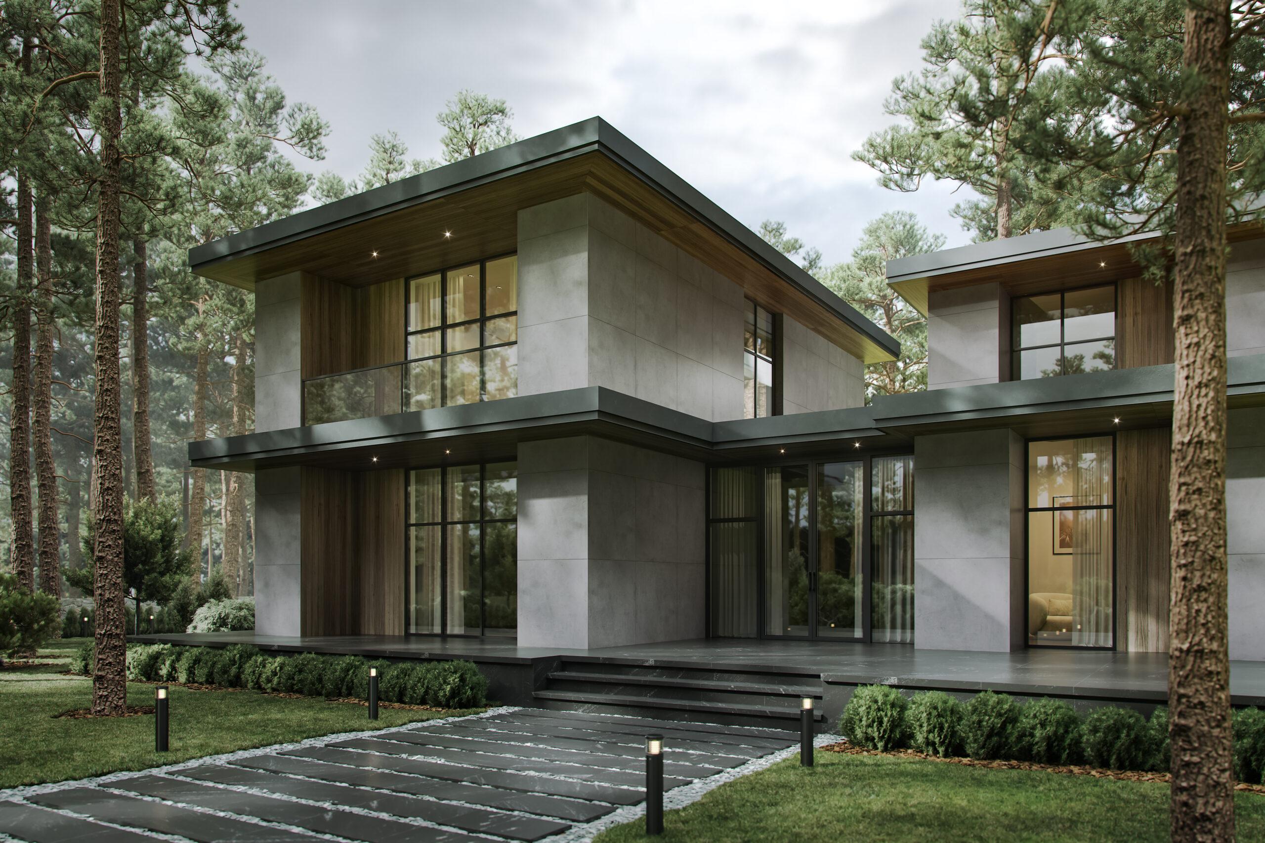 A modern two story home with lots of large windows. The home is surrounded by trees and has a vibrant green front yard. 